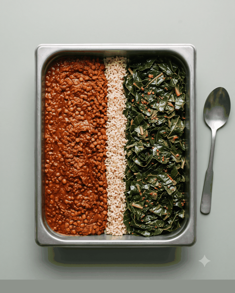 Brown lentils in berbere and tomato; collards braised silky with garlic and a splash of vinegar. NC greens, Addis spice.