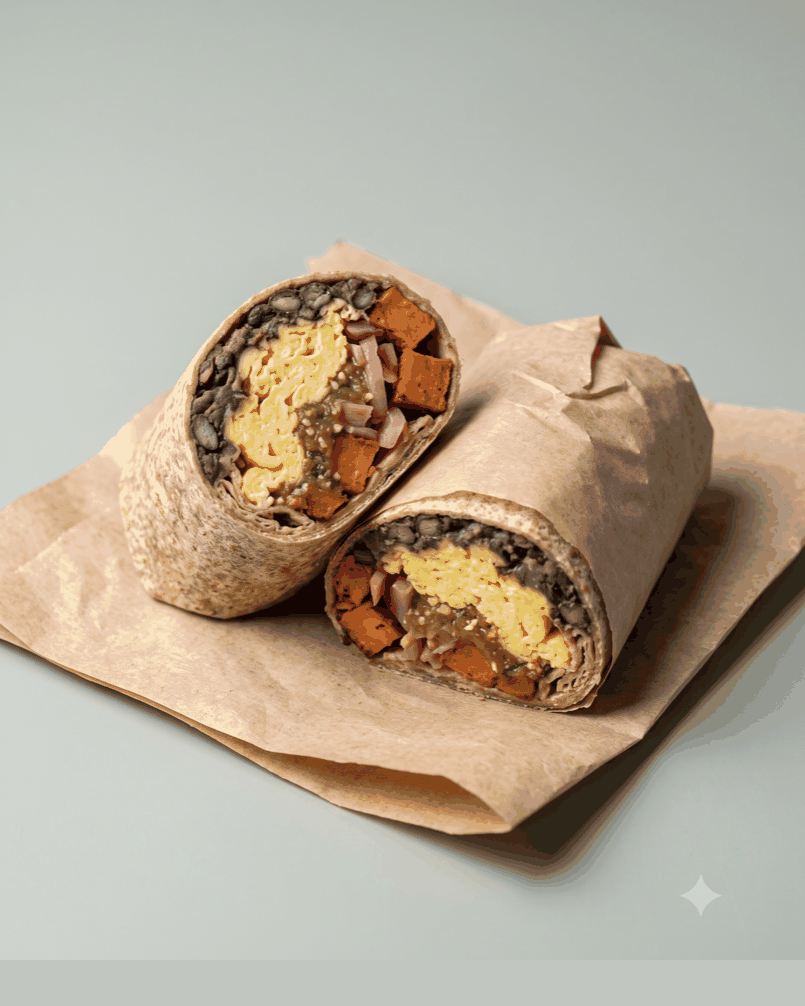 Eggs, cumin-mashed black beans, sweet potato, salsa verde. Freezer-stable, paper-wrapped.