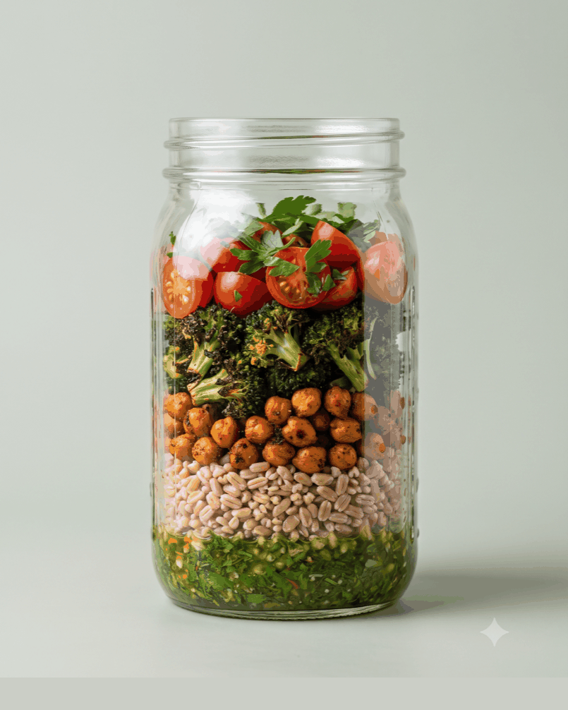 Smoke-roasted chickpeas and charred broccoli over farro. The chimichurri is chopped, never blended.