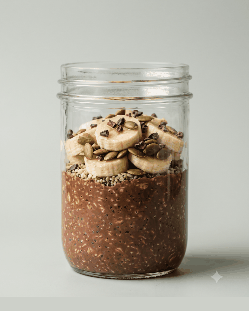 Oats, hemp hearts, chia, cocoa, pea milk. Banana and cacao nibs packed on top.