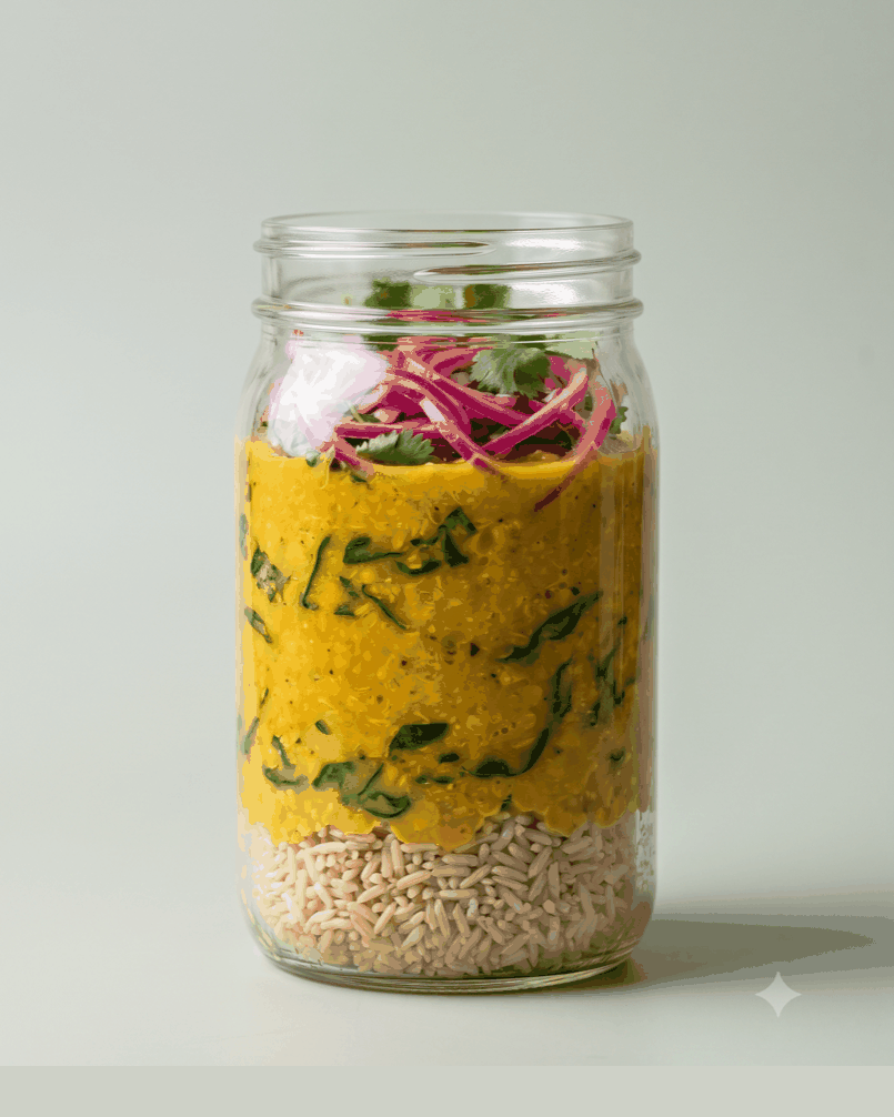 Red lentils in coconut and ginger, spinach folded in off heat, pickled red onion on top. Brown basmati under.