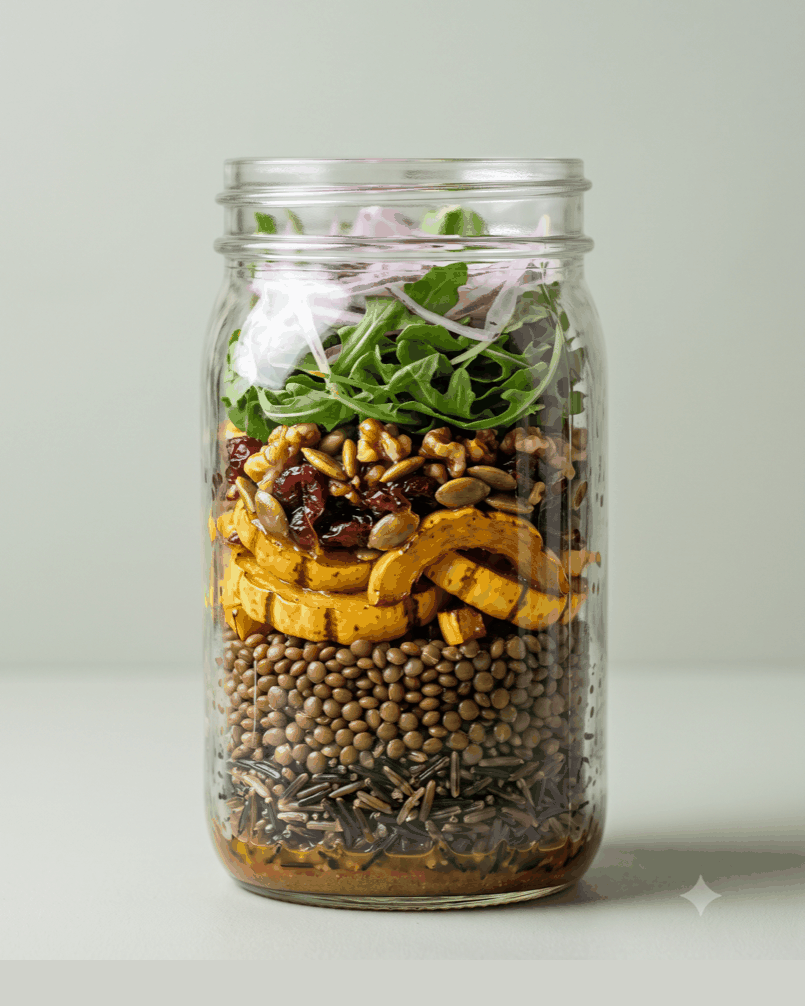 Wild rice, French lentils, dry-roast delicata, cranberries, walnuts, pepitas, shaved purple kohlrabi.