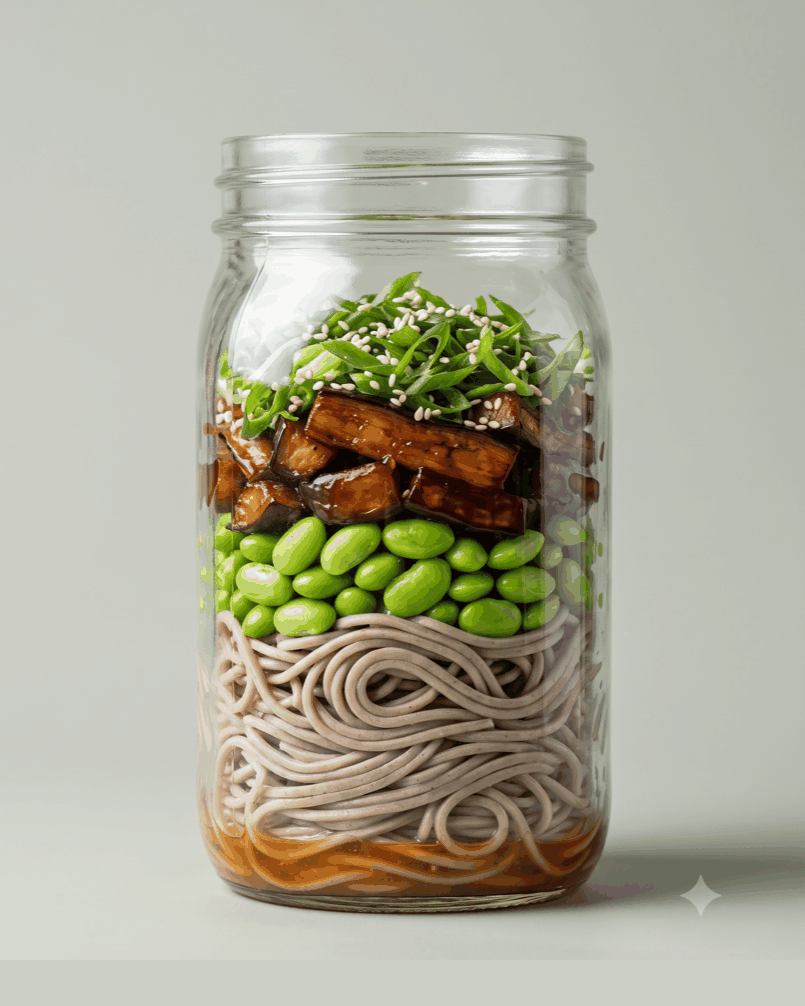 Roast eggplant batons, cold soba, edamame. The glaze doubles as the dressing.