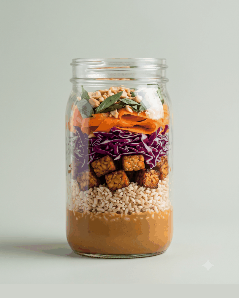 Steamed-then-seared tempeh, brown rice, red cabbage, carrot ribbons, Thai basil, crushed peanuts.
