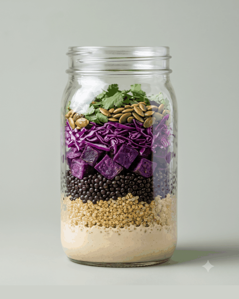 Black lentils, quinoa, roast purple sweet potato, lime-massaged cabbage. Violet to gold, in strata.