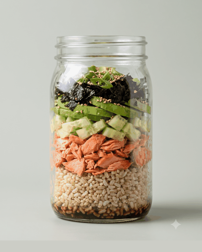 Flaked roast salmon, short-grain brown rice, smashed cucumber, avocado, crumbled toasted nori.