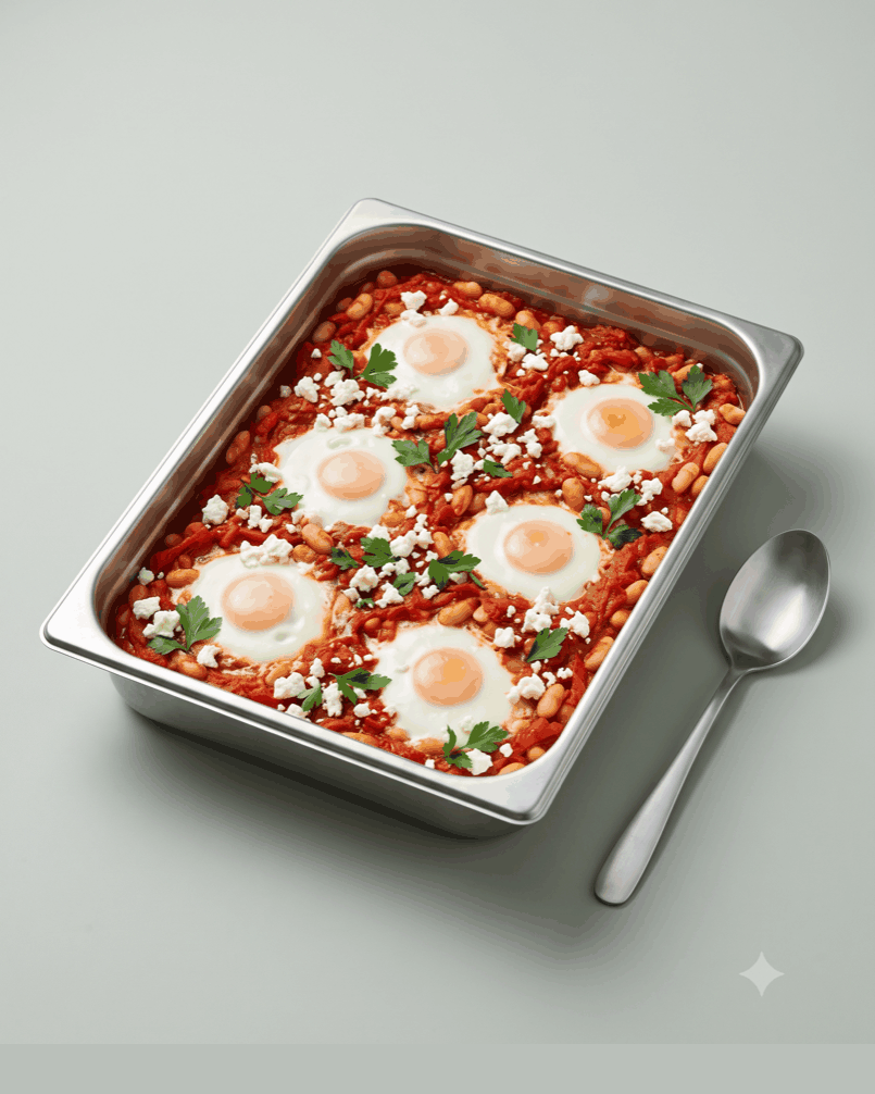 Eggs set just-soft into a pepper, tomato and white bean base; feta over. They finish on reheat.