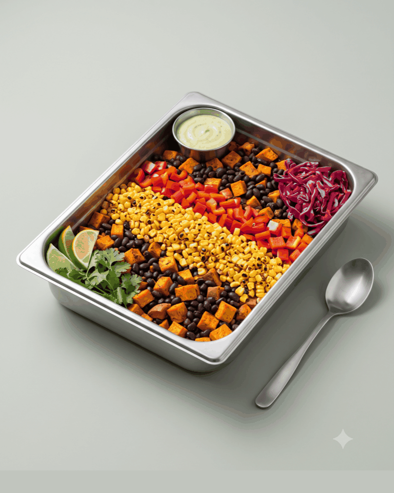 Chipotle-roast sweet potato, black beans, charred corn, pickled purple cabbage. Built for a table.